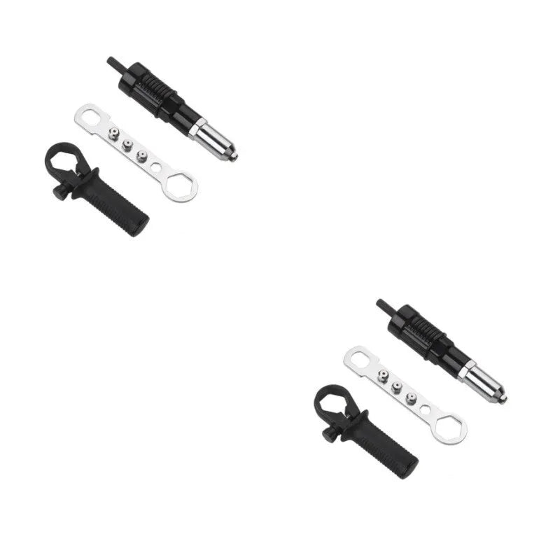 Black metal electric drill rivet gun with alloy steel forged head, 173mm length, includes handle, wrench and four rivet heads
