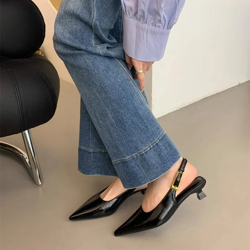 Thin low heel pointed leather shoes in black brown red silver sizes 35 to 39 with rubber sole