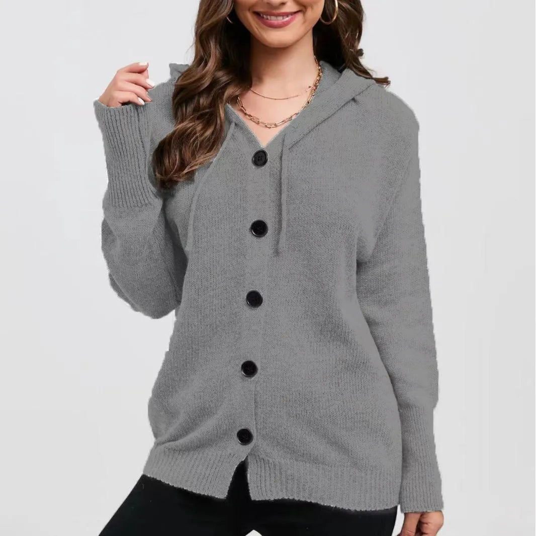 Women's solid colour hooded cardigan sweater in thick cotton fabric