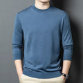 Men's round neck long sleeve wool blend sweater in caramel colour on a hanger.