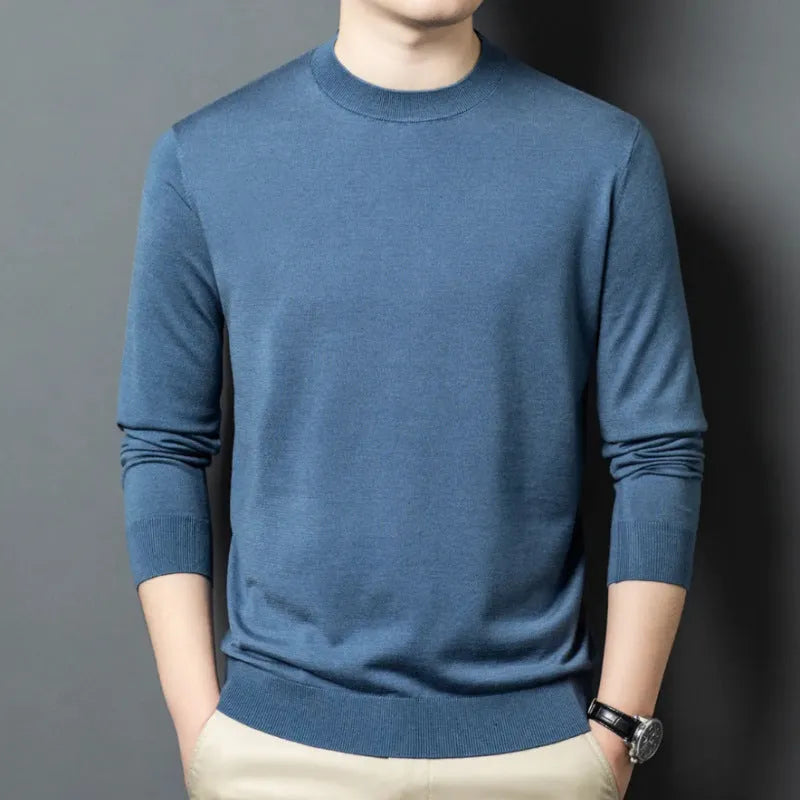 Men's round neck long sleeve wool blend sweater in caramel colour on a hanger.