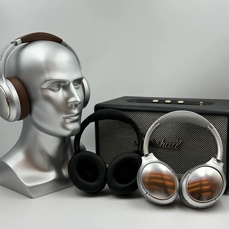 Retro wireless Bluetooth headset in vintage brown with metal ear cups and padded headband