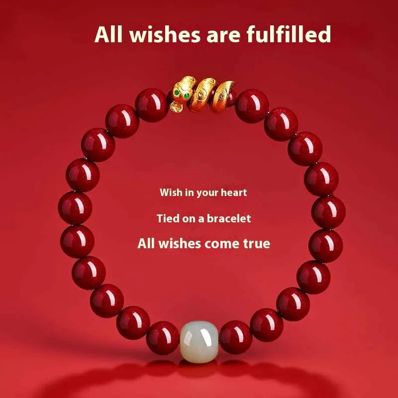 Handmade cinnabar Snake Year zodiac bracelet with Chinese style design and snake bead detailing