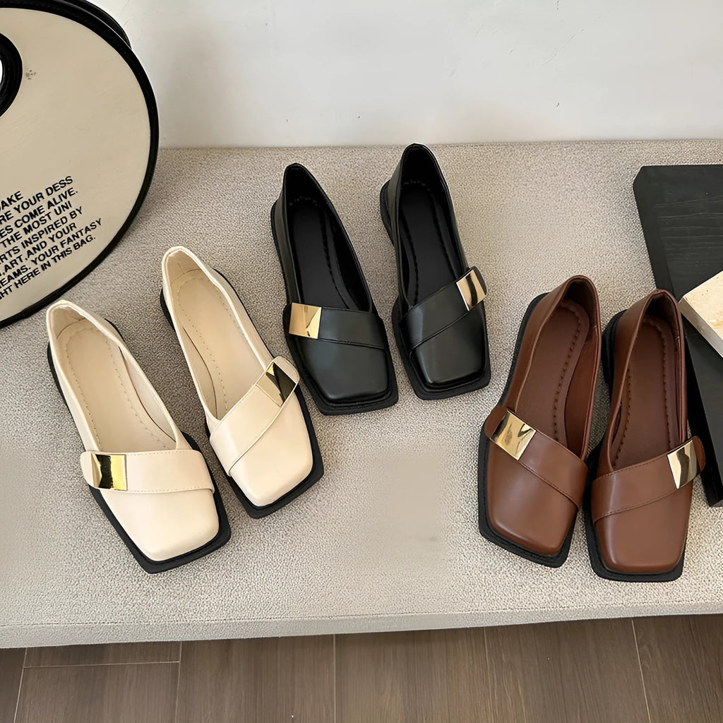 Women's flat-heeled shoes, beige, square toe, metal buckle detail, artificial leather, low heel