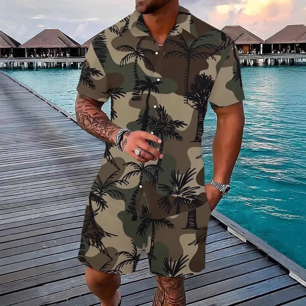 Man wearing a 3D printed Hawaiian pattern short sleeve shirt and matching shorts casual suit set.