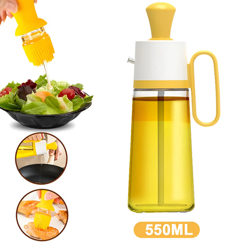 2-in-1 oil dispenser with silicone brush head and 304 stainless steel nozzle, 550ml glass bottle in yellow