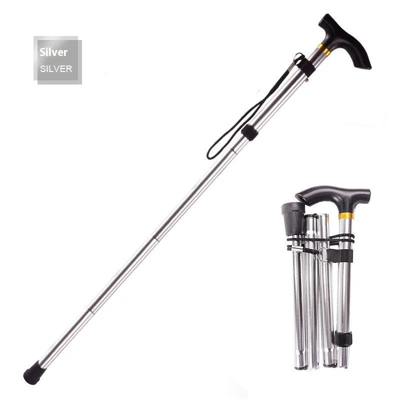 Aluminium folding cane with non-slip handle, shown extended to its adjustable height between 85-95cm.