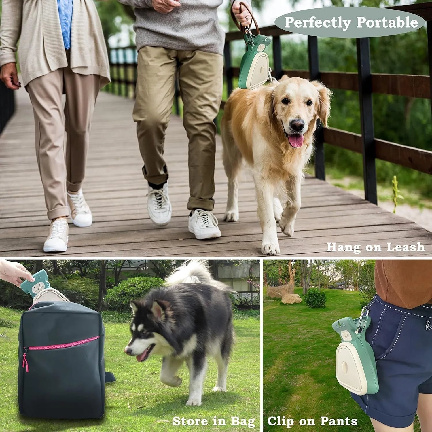 Blue portable pooper scooper with clip, expandable container, and bag dispenser for dog waste cleanup.