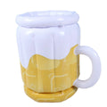 Large yellow inflatable beer mug cooler float holding drinks in a swimming pool