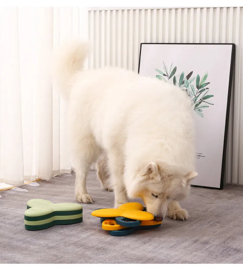 Dog puzzle toy slow feeder with nine compartments and bone covers, green, on non-slip base