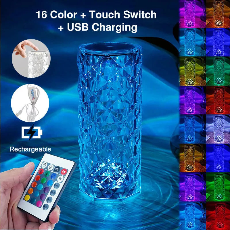 Creative Crystal Diamond Table Lamp with RGB16 colour touch controls and rechargeable battery on a bedside table
