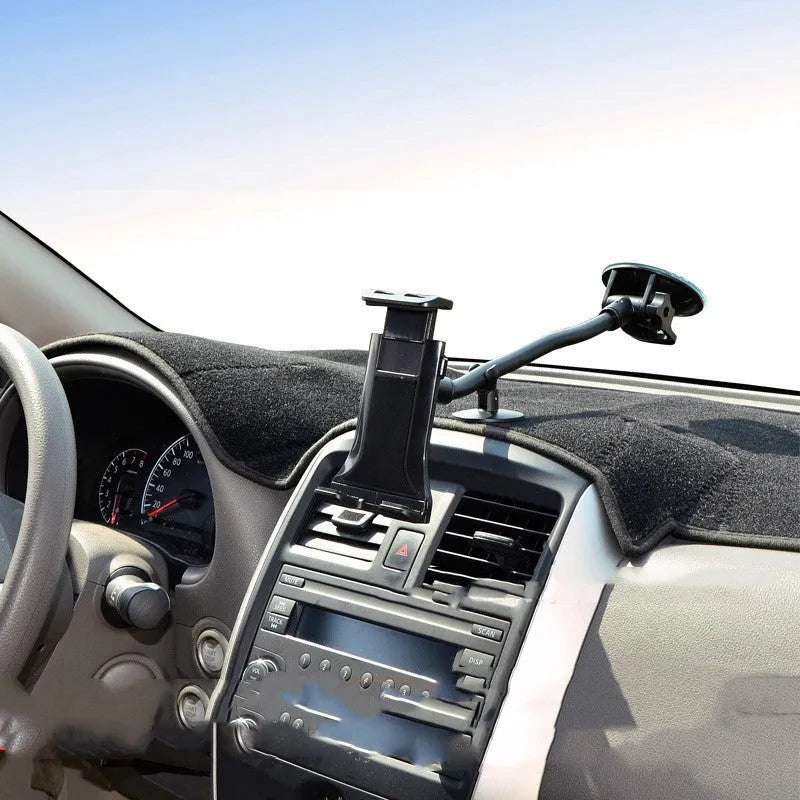 Black vehicle-mounted lifting bracket holding a tablet, showing long suction cup rod.