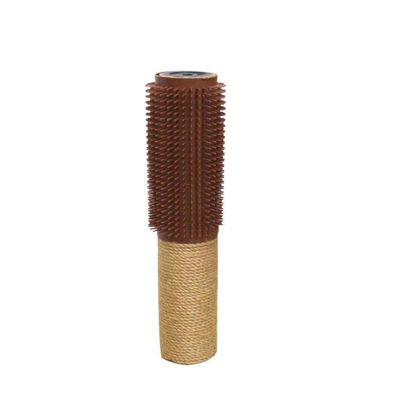 A brown sisal rope cat scratching post standing 30cm tall on a wooden base.