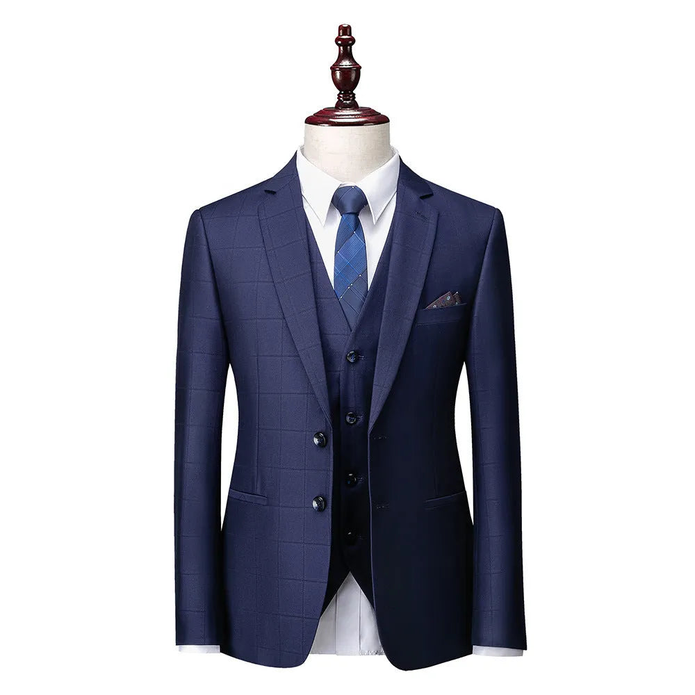 Men's navy blue three-piece slim fit business casual suit with vest, jacket and trousers