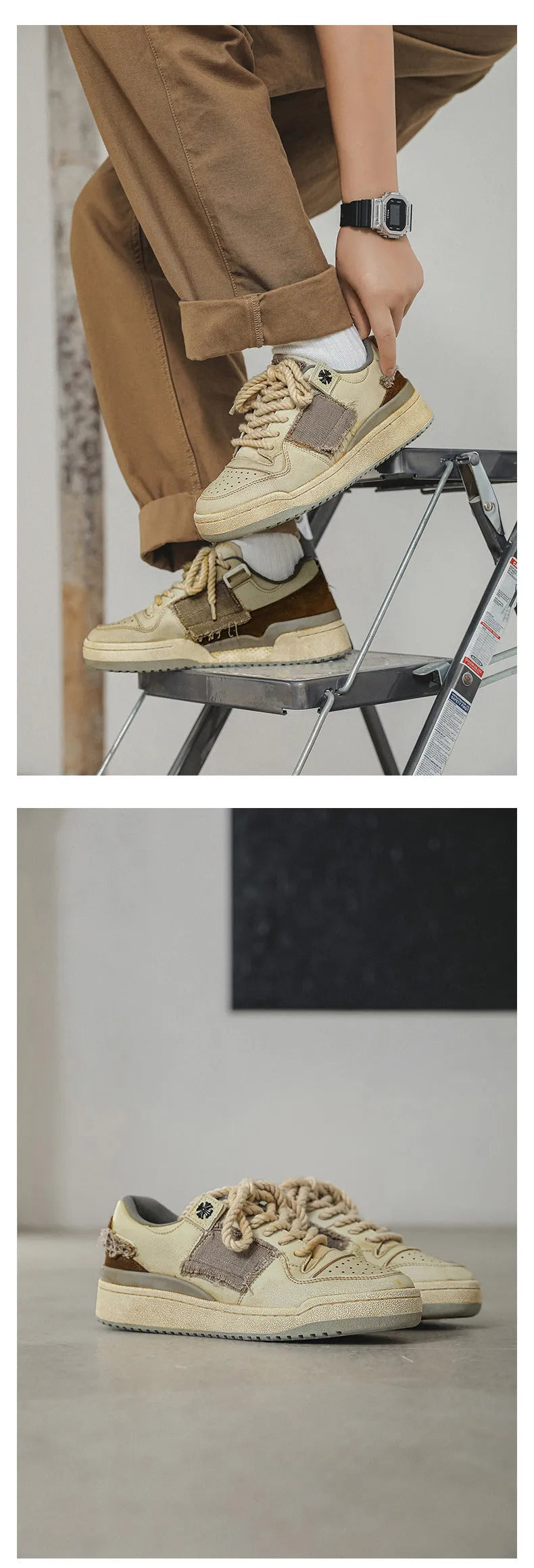 Beige low top skateboard shoes with rubber sole and front lace-up design