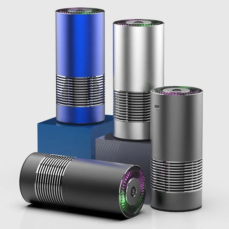Car indoor wireless air purifier in silver, 65x150mm aluminium alloy body with USB power cord