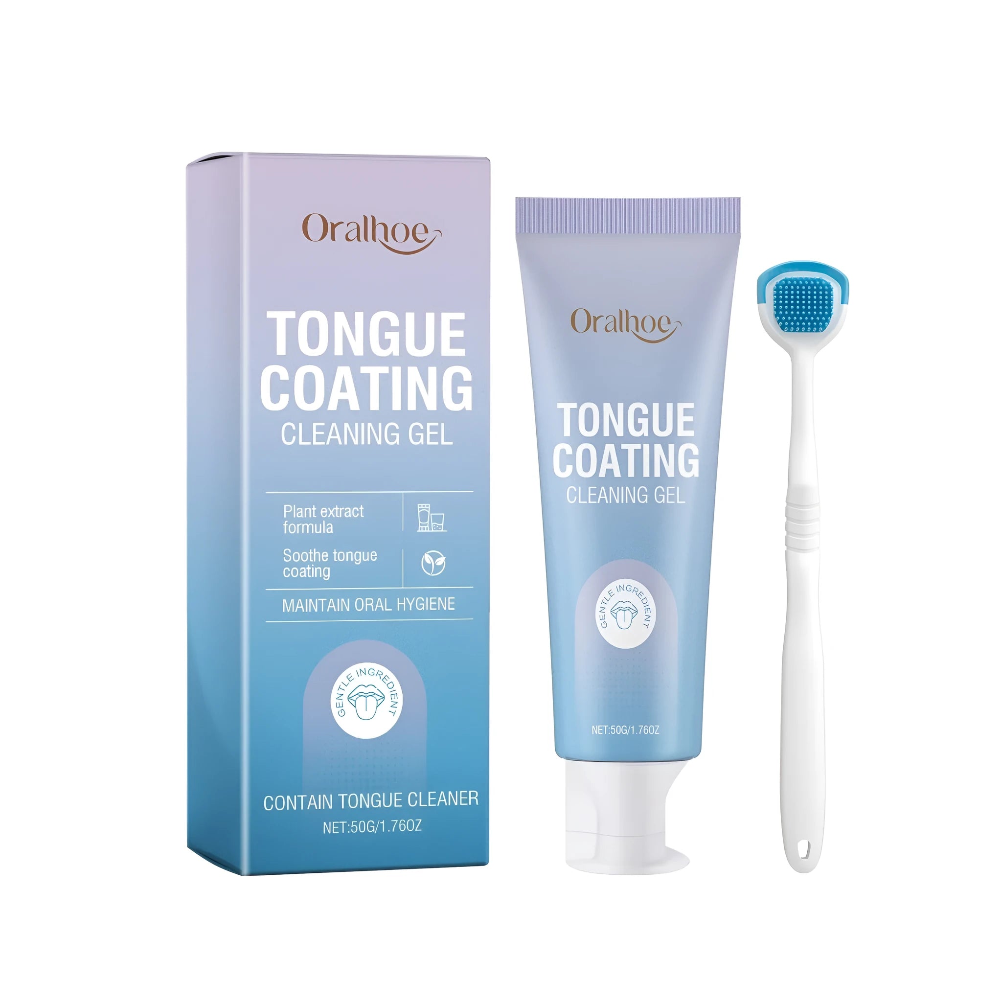 50g tongue cleaning gel bottle and 17cm tongue brush set for oral hygiene.