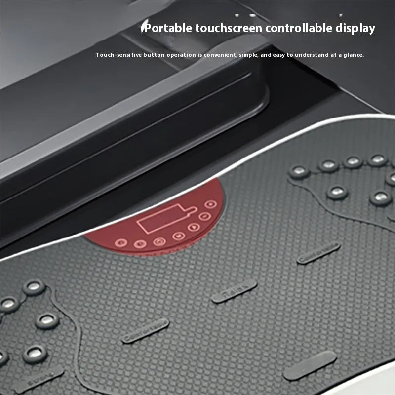 Multifunctional home power plate with remote control in black, on a floor in a room