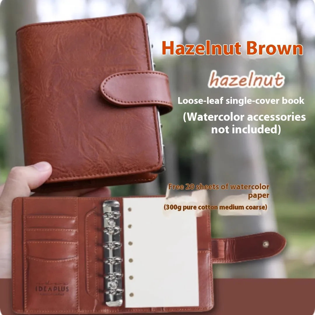 A7 loose-leaf watercolour book shown in five colour options: avocado green, hazelnut brown, mango pudding, mocha coffee and rainforest green