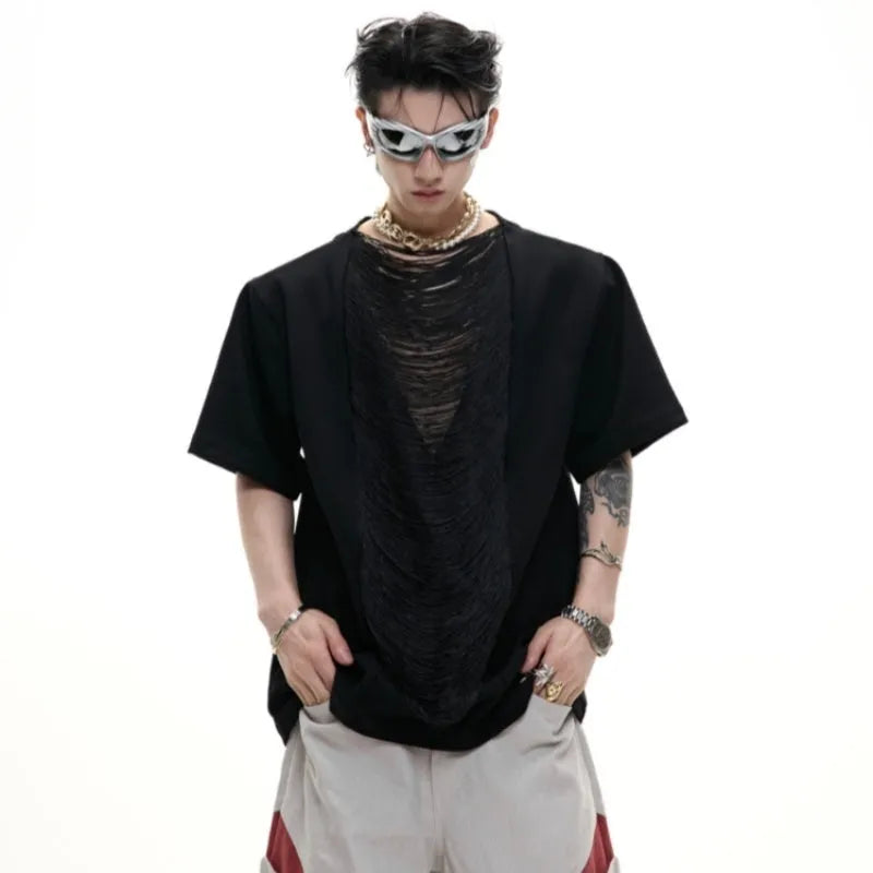 Men's black V-neck polyester t-shirt with loose fit and three-dimensional cutting