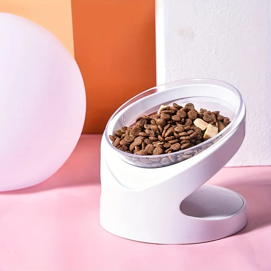 White clear plastic tilted cat food bowl for ergonomic feeding