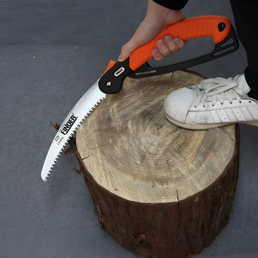 Folding garden hand saw with a 9-inch metal blade and black TPR grip handle, shown both open and closed.