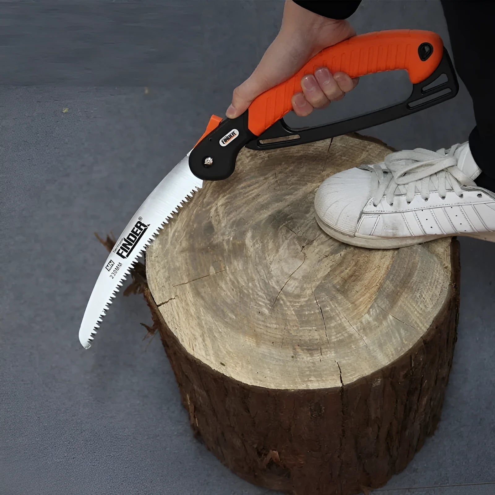 Folding garden hand saw with a 9-inch metal blade and black TPR grip handle, shown both open and closed.