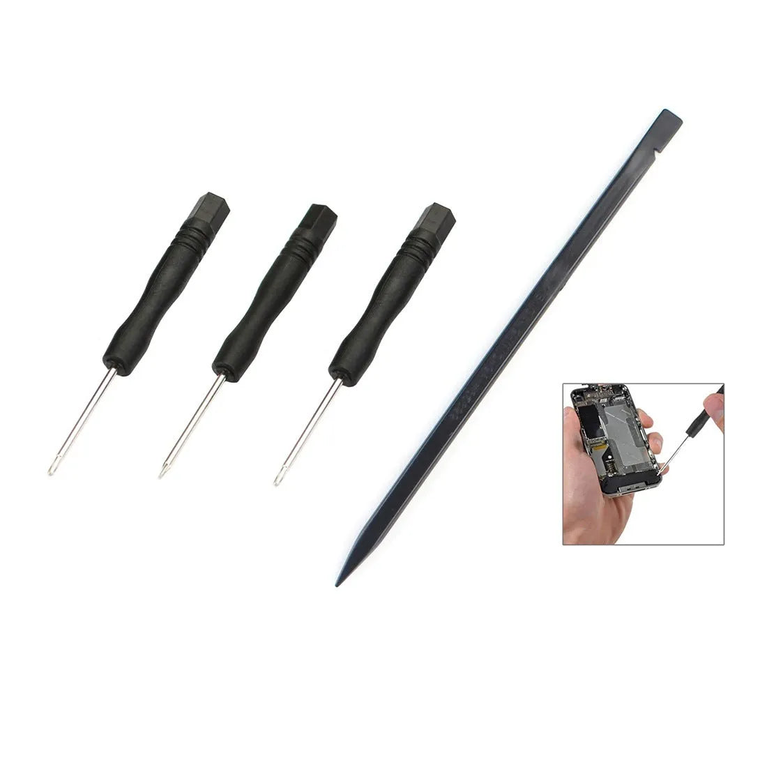 11-in-1 mobile phone disassembling tool kit with screwdrivers, pry sheets, sucker, and adhesive in a 120x200x20mm pack