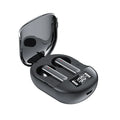 Black and white wireless Bluetooth headset with digital display screen and charging bin