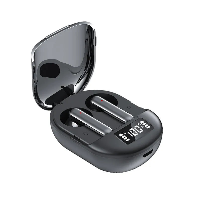 Black and white wireless Bluetooth headset with digital display screen and charging bin