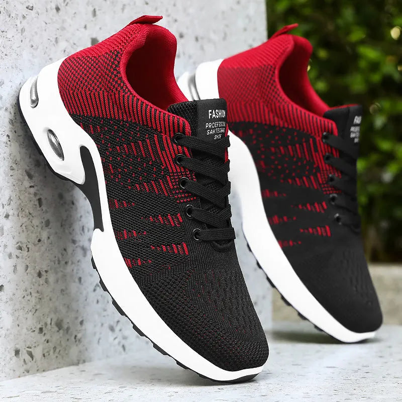 Men's flyknit mesh breathable lace-up casual sneakers low top round toe soft sole flat heel black and grey