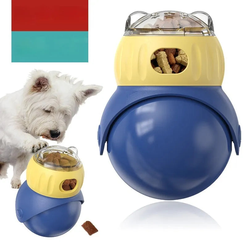 Tumbler owl cat puzzle feeder in morandi yellow and blue colours with rotating food dispenser mechanism