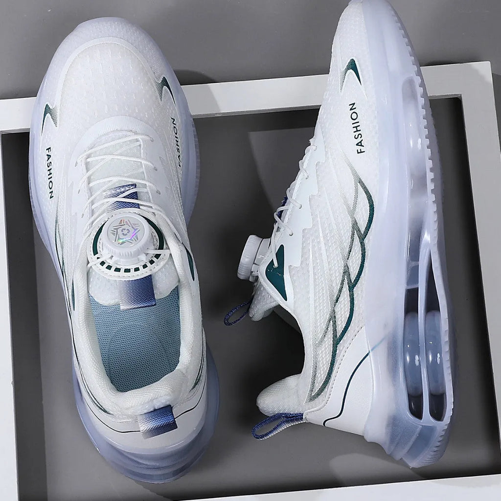 White rotating button lace casual trainers with mesh upper and rubber sole
