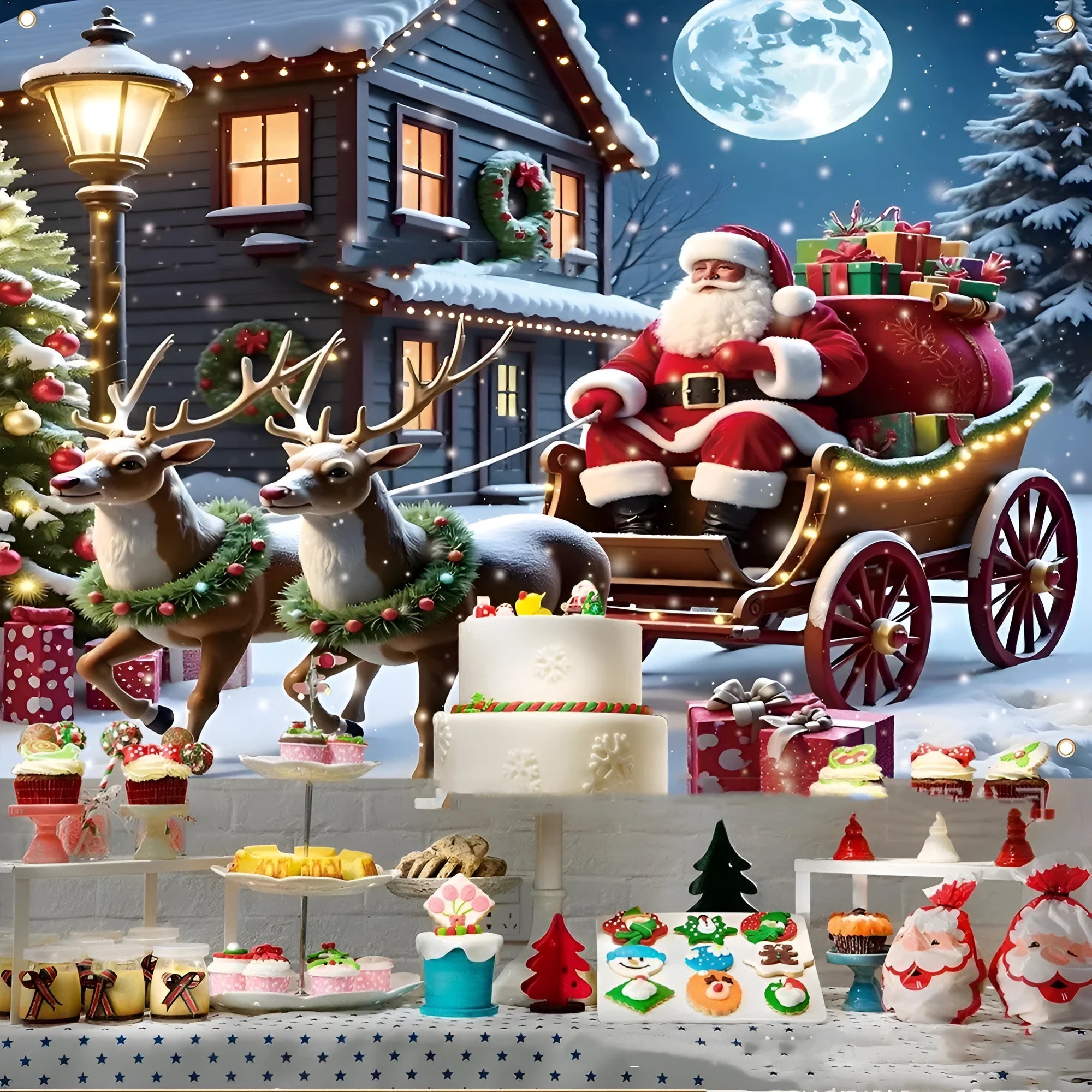 Santa Claus Christmas banner with gifts under night sky on polyester fabric 210x150cm