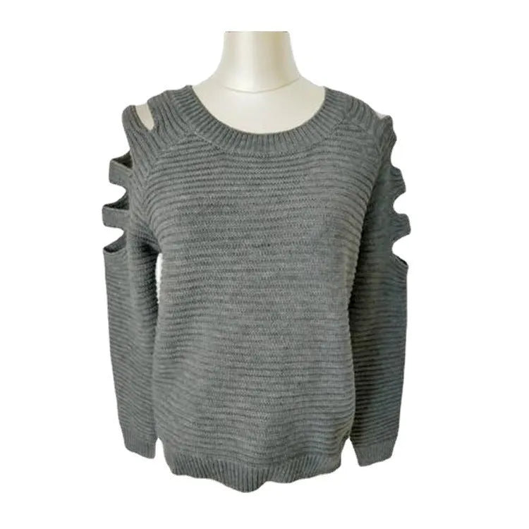 Women's grey crochet knit shirt with hollow-out detail on sleeves and body, round neck, long sleeves