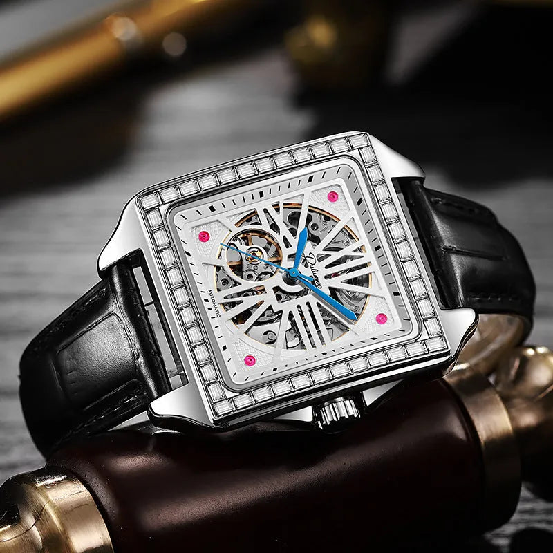 Square diamond-studded automatic watch for men with stainless steel belt