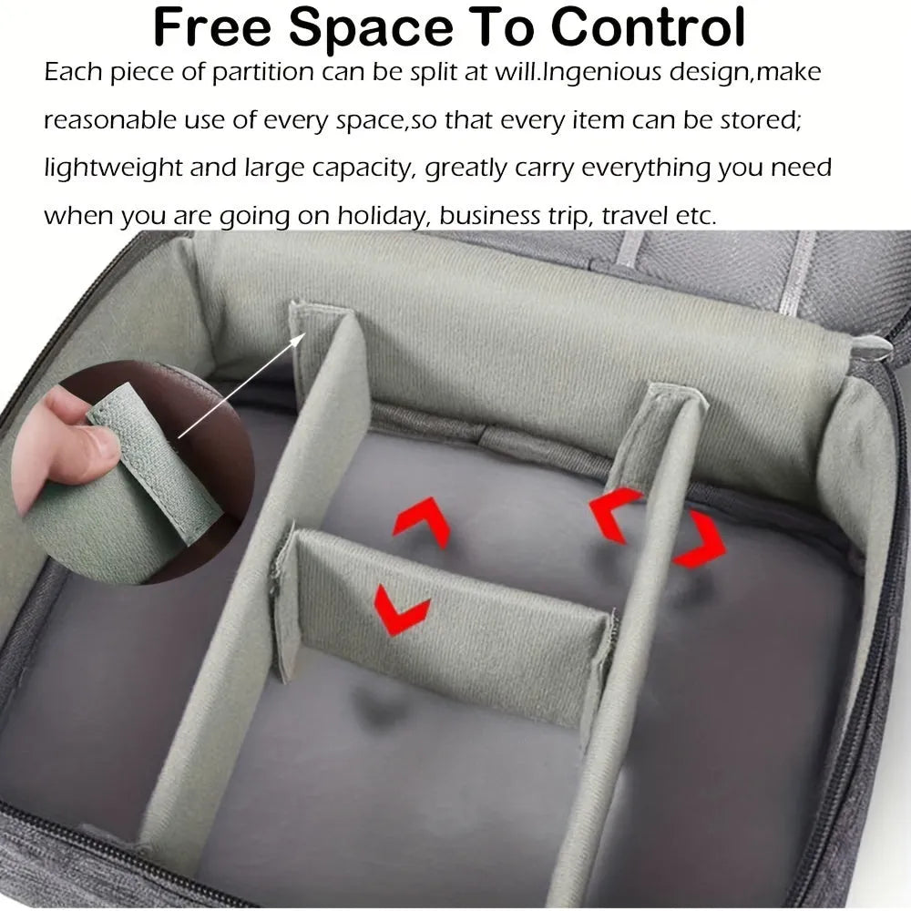 Black travel electronics organiser case with mesh pockets, elastic loops and removable padded dividers