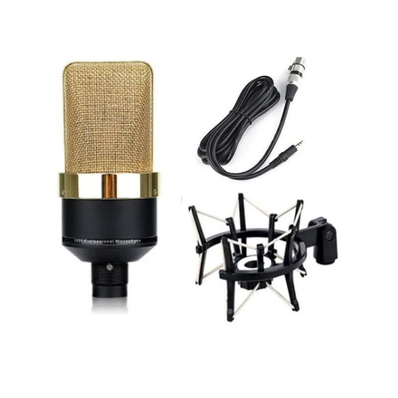 Wired condenser microphone with stand in black gold or champagne gold finish