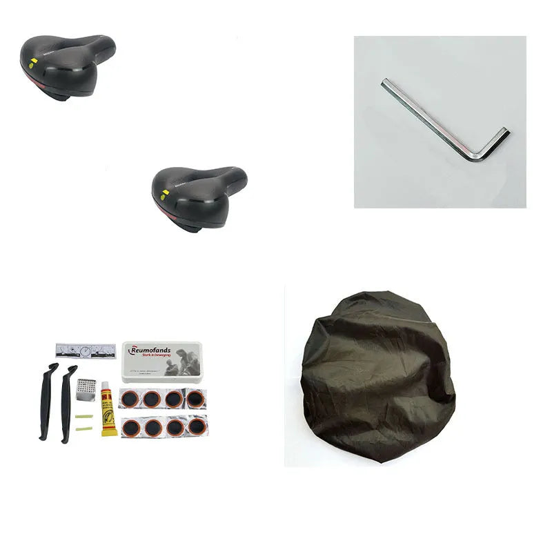 Thickened soft silicone bicycle saddle cushion with PU leather cover, waterproof protector, wrench and tire patch set