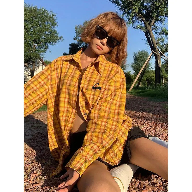 Dopamine yellow plaid shirt with loose fit cardigan style on hanger