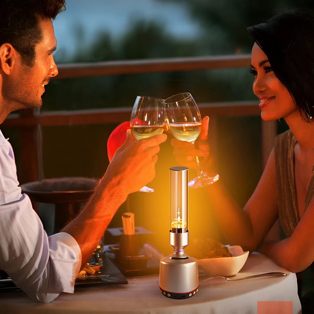 White silver cylindrical Bluetooth speaker with candlelight night light measuring 277mm tall