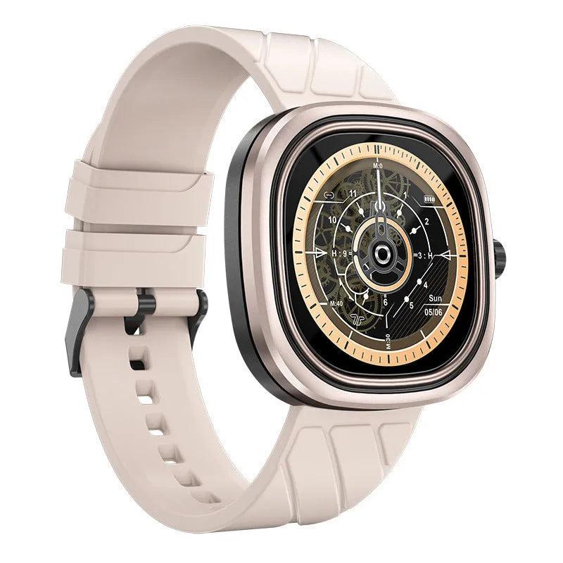 Bluetooth smartwatch with 1.32-inch touchscreen on silicone wristband in black, pink, or green.
