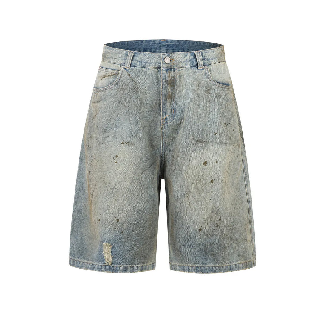 Men's blue cropped denim jeans with washed finish and straight-leg cut for street fashion