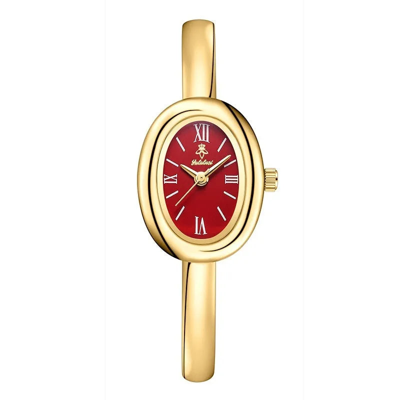 Women's multifunctional oval retro quartz watch in gold with spiral pattern dial and slim case