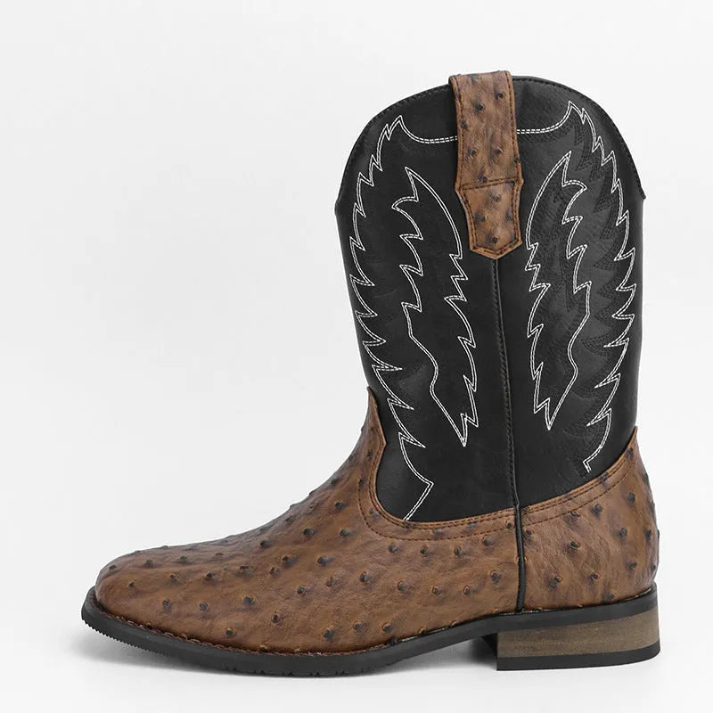 Western denim square toe motorcycle men's boots with embroidery and wedge heel in black