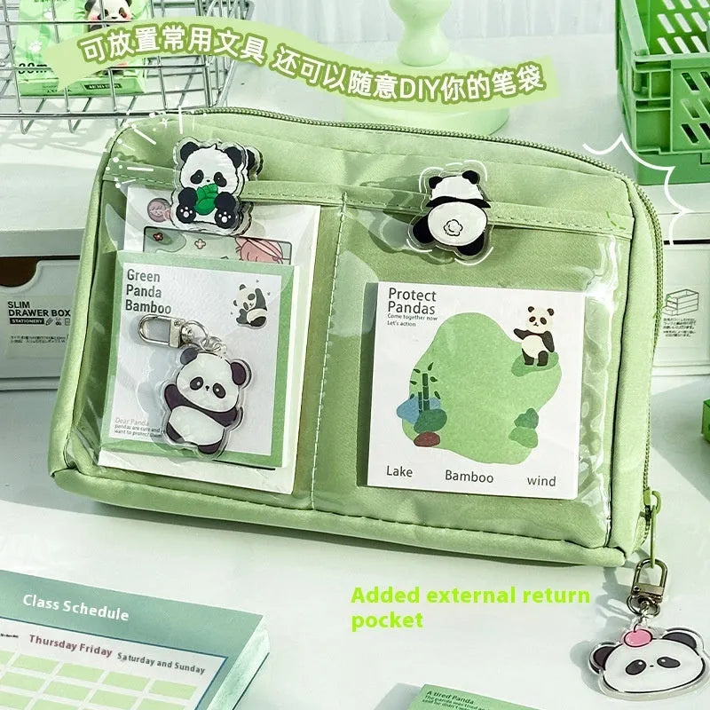 Green 12-layer canvas pencil case with layered storage compartments for pens and pencils, Korean style