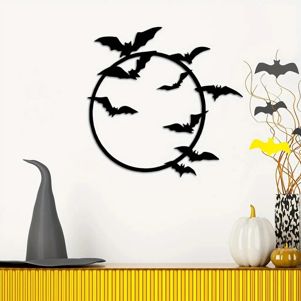 Iron flying bat metal wall art in black, 14x13.52 inches, modern geometry style