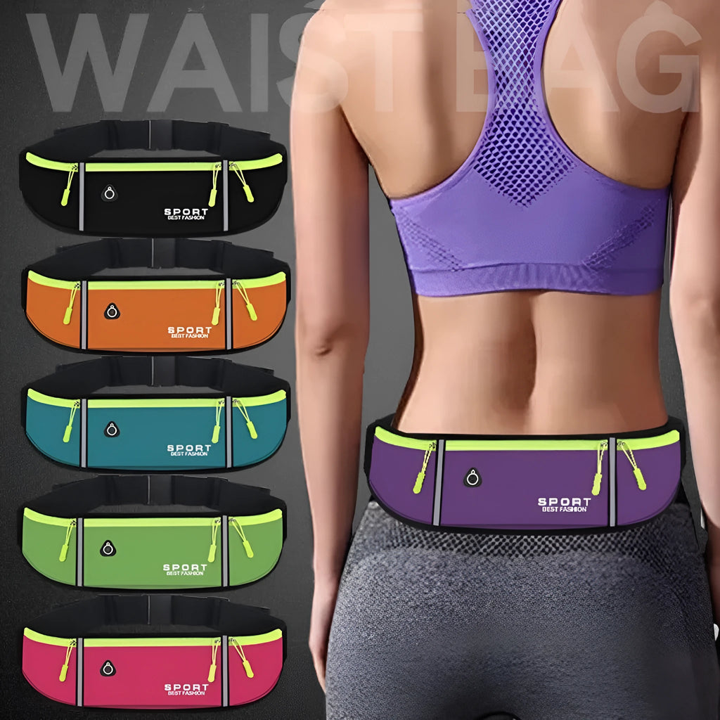 Waterproof Oxford cloth running belt bag in black with multiple pockets and waist strap