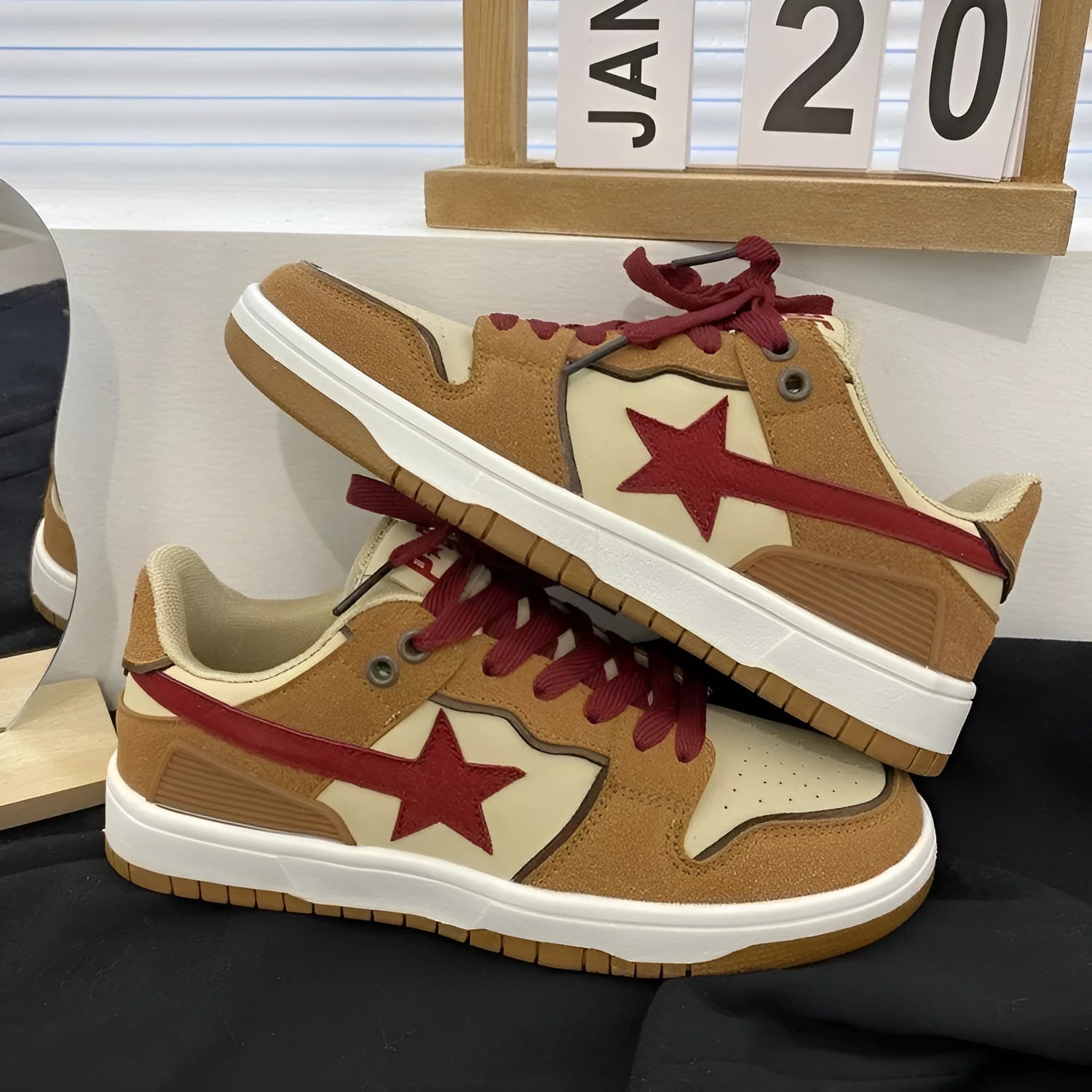 Women's brown casual sneakers with sequin detailing, platform mid heel, and low-top round toe design