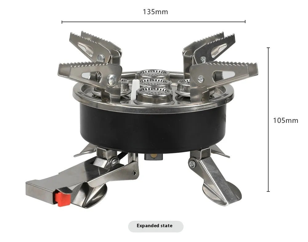 Silver portable split camping stove with stainless steel construction and fuel hose